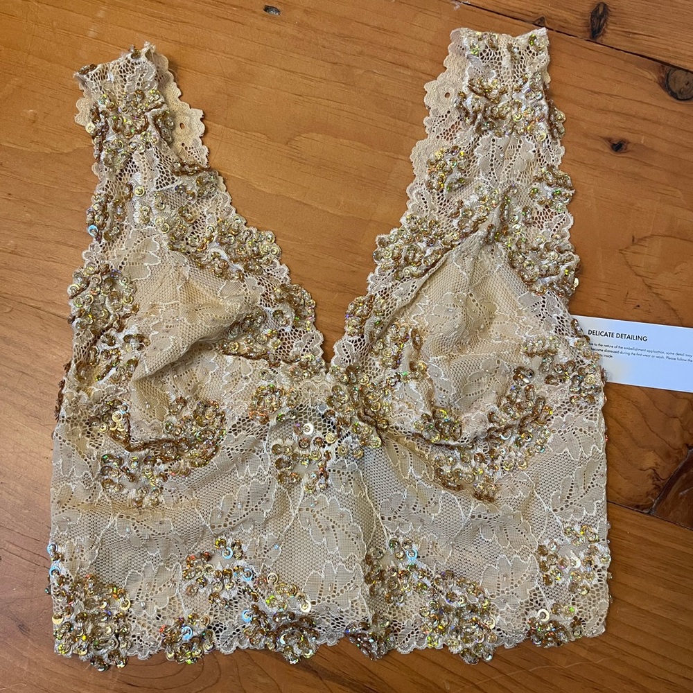 Bebe Tan Sequin Beaded Lace crop corset top M